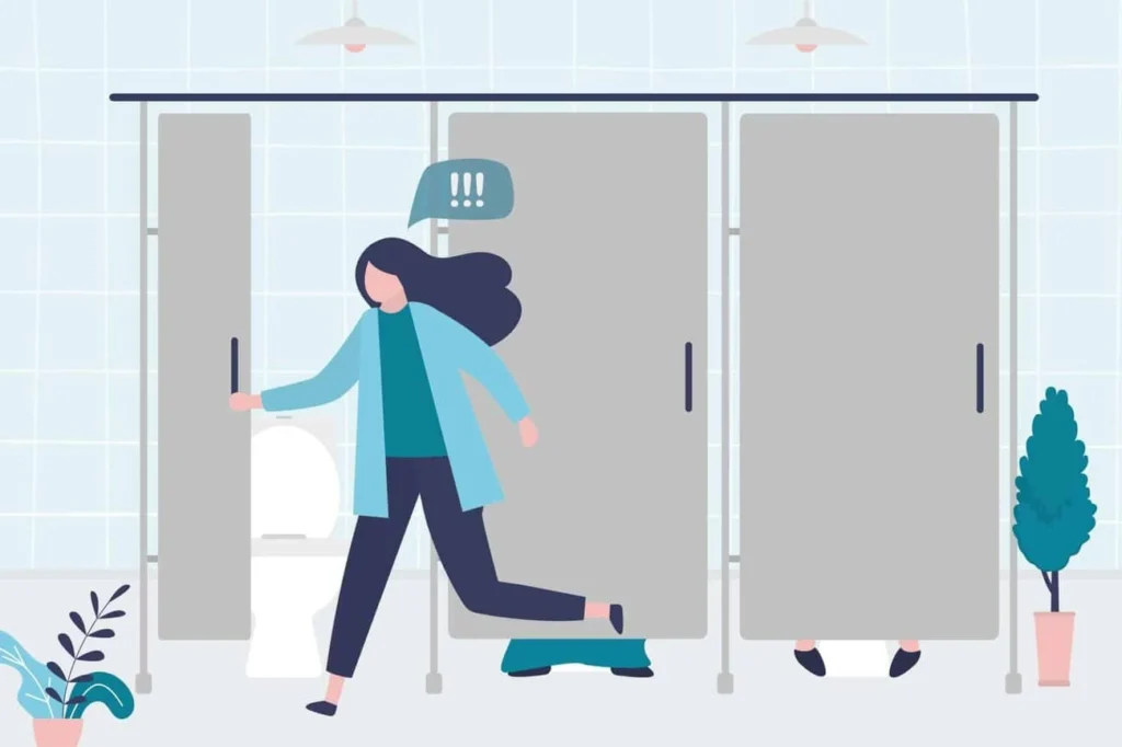 graphic of Urine incontinence Elstree woman running to the toilet.