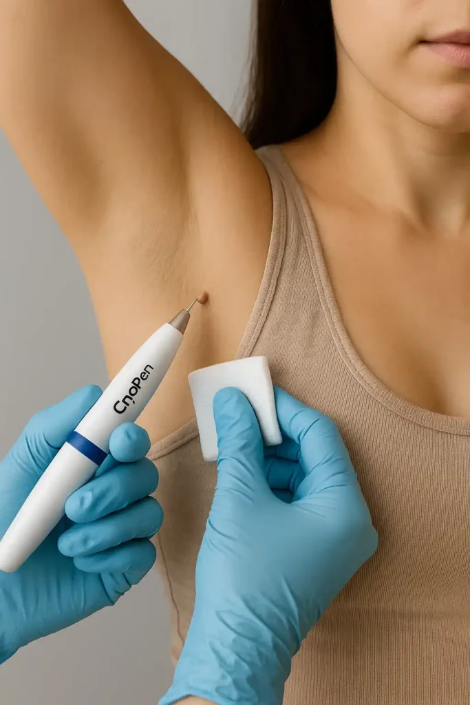 woman having cryopen to remove underarm skin tags Elstree