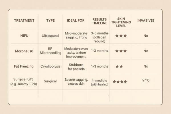 Table showing the comparisons of Skin tightening Elstree treatment options.